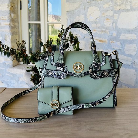 Michael Kors Carmen Medium Flap Satchel/ BLFLD Wallet MK Logo Light Sage NWT - Picture 1 of 11